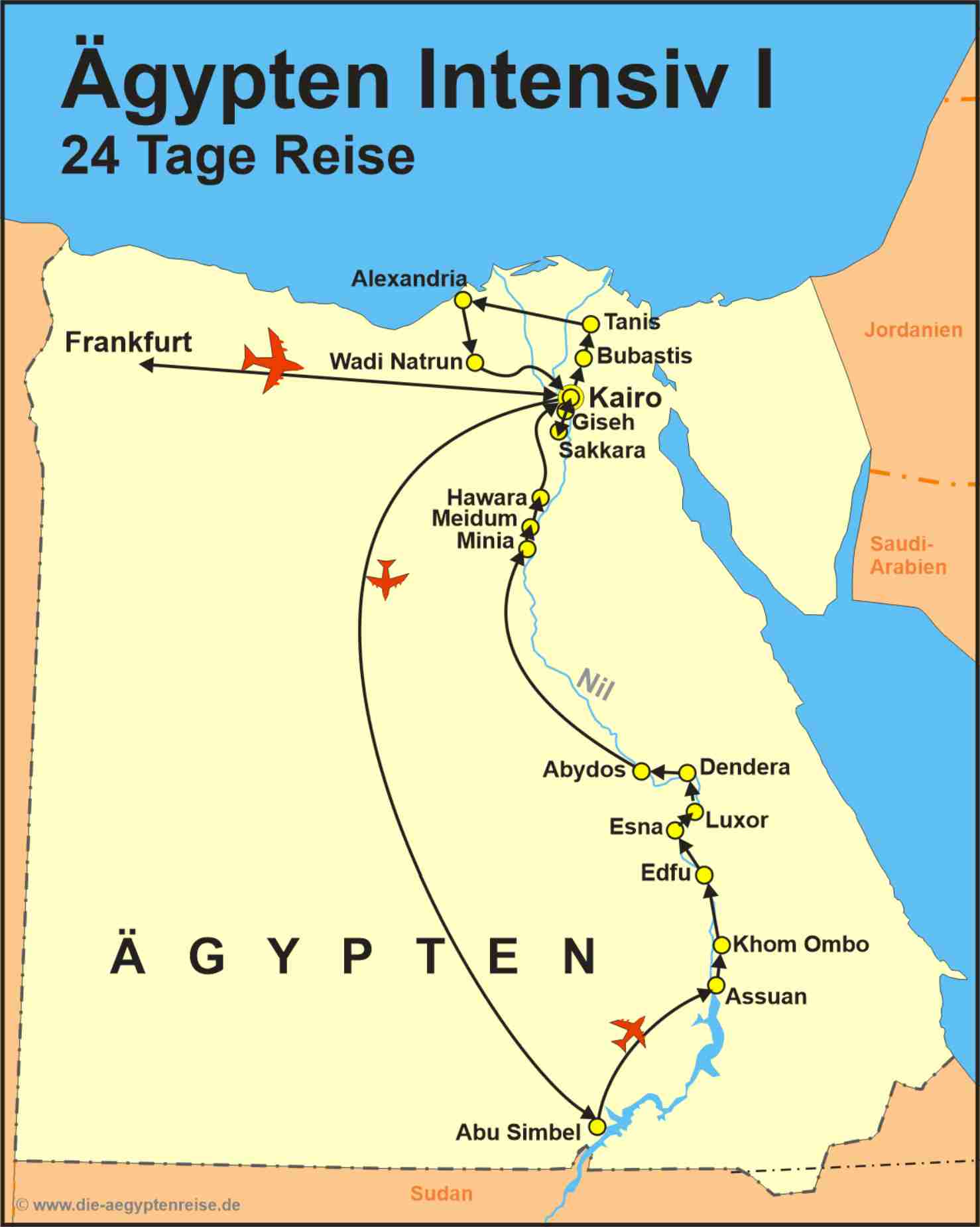 Reiseroute der Ägypten I Studienreise